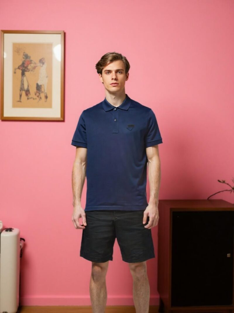 Prada Triangle Logo Piqué Polo Shirt – Navy Blue - Image 3